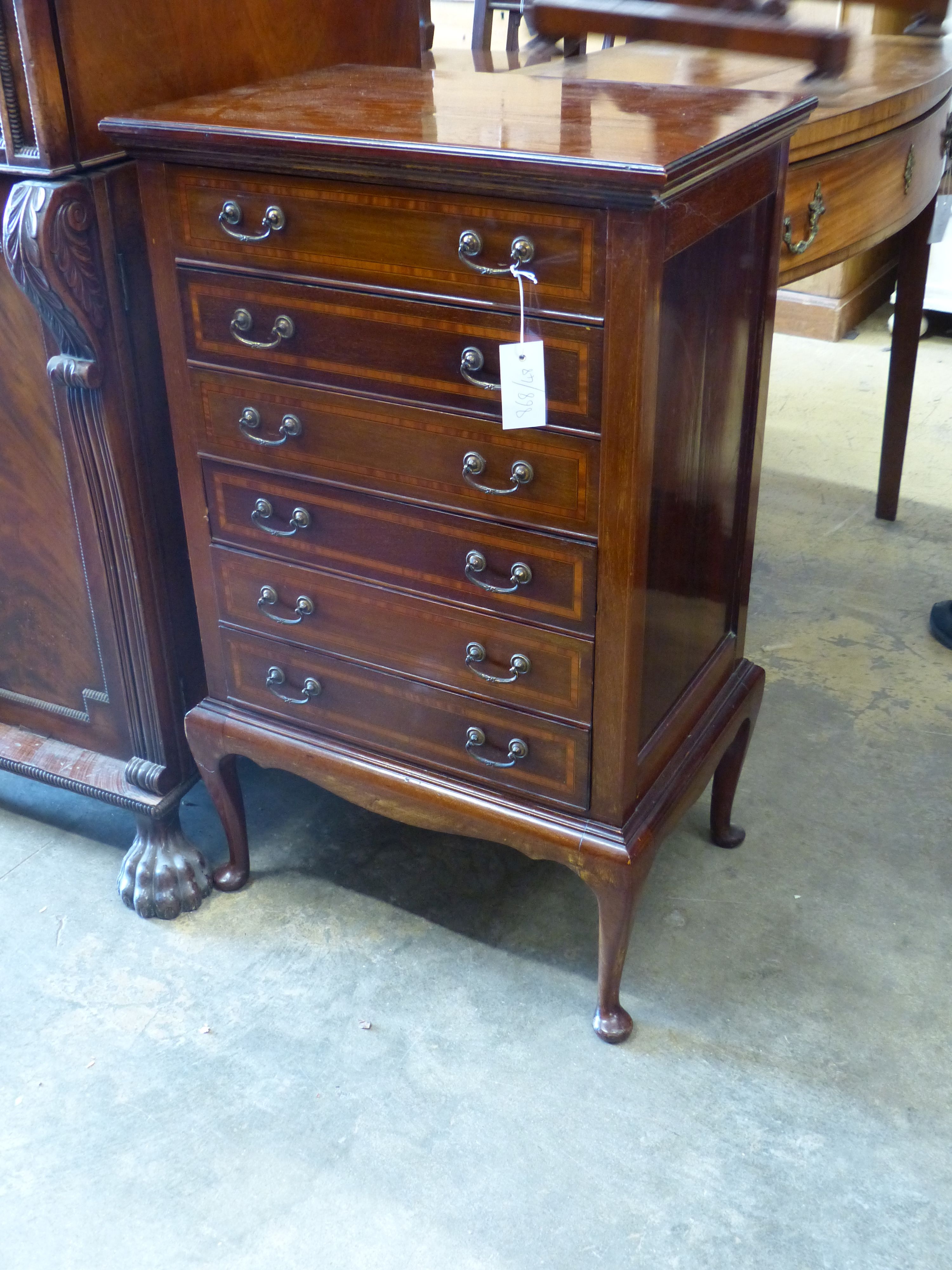 An Edwardian satinwood banded mahogany sheet music cabinet, width 53cm, depth 38cm, height 86cm